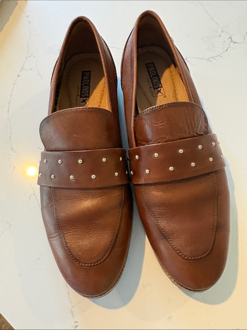 PIKOLINOS Brown Leather Studded Strap Slip-On Loafers